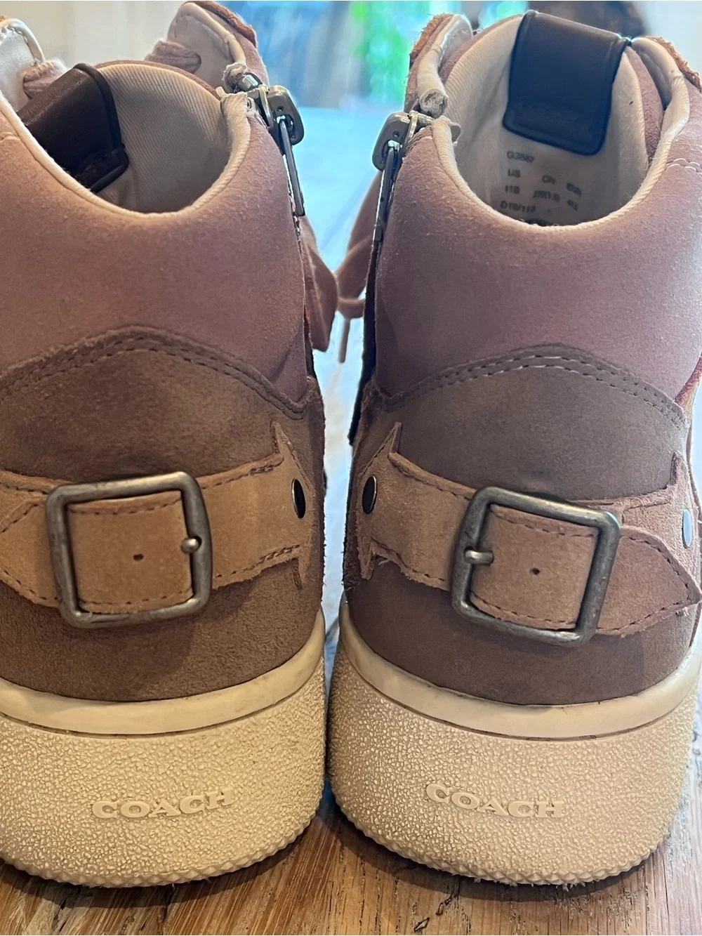 COACH G3887 Women’s 11B Suede High Top Sneakers Beige/Brown Lace-Up Buckle Zip